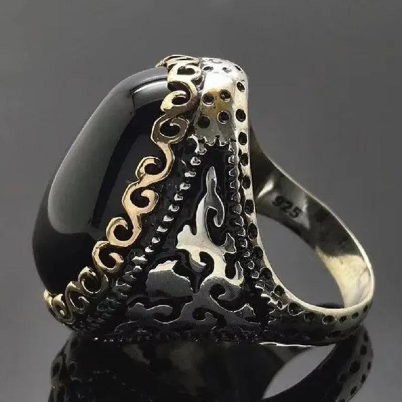 Vintage Men‘s Obsidian Signet Ring, 13x18mm Black Gemstone Set In Antiqued Silver, Masonic Style Bold Jewelry for Him