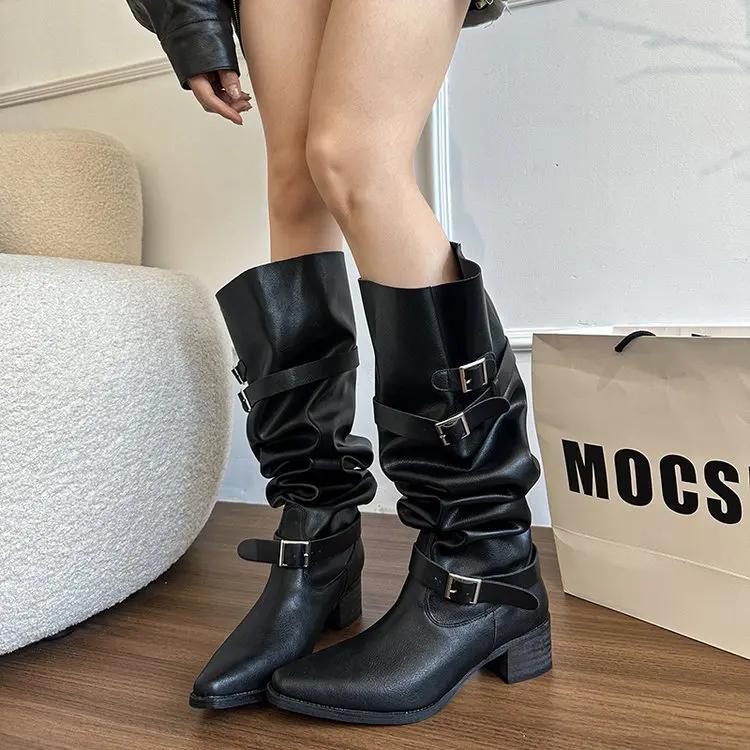 Modne damskie kozaki do kolan ze szpiczastym noskiem, w stylu retro, na grubym obcasie, wyszczuplające, z szeroką cholewką, jesienno-zimowe, nowy styl, materiał poliuretanowy