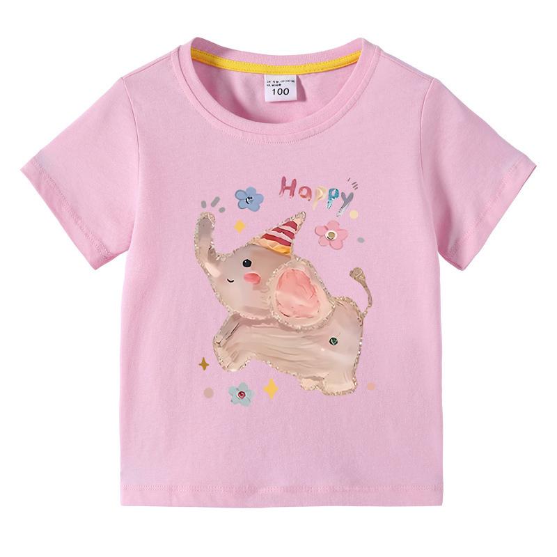 Girls TShirt Cute Elephant Print Short Sleeve Tee 100 Cotton Soft Breathable Summer Tops for Kids Children