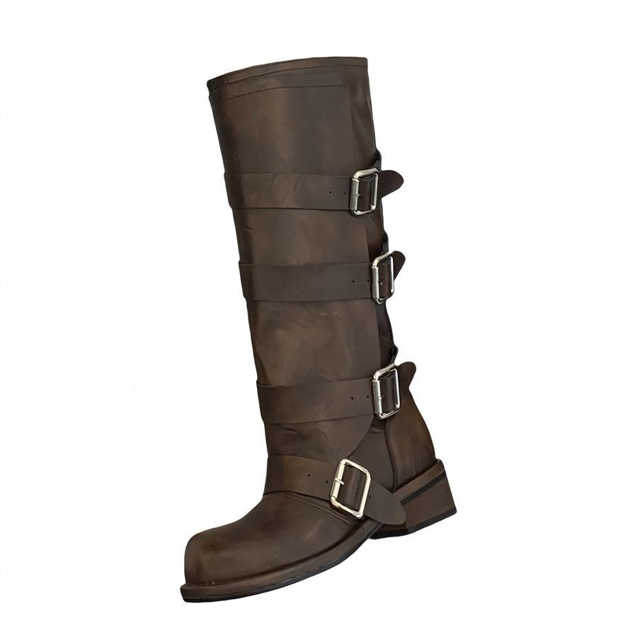 Retro belt buckle boots women's 2025 autumn and winter new thin tall knight boots thick heel large size western cowboy boots