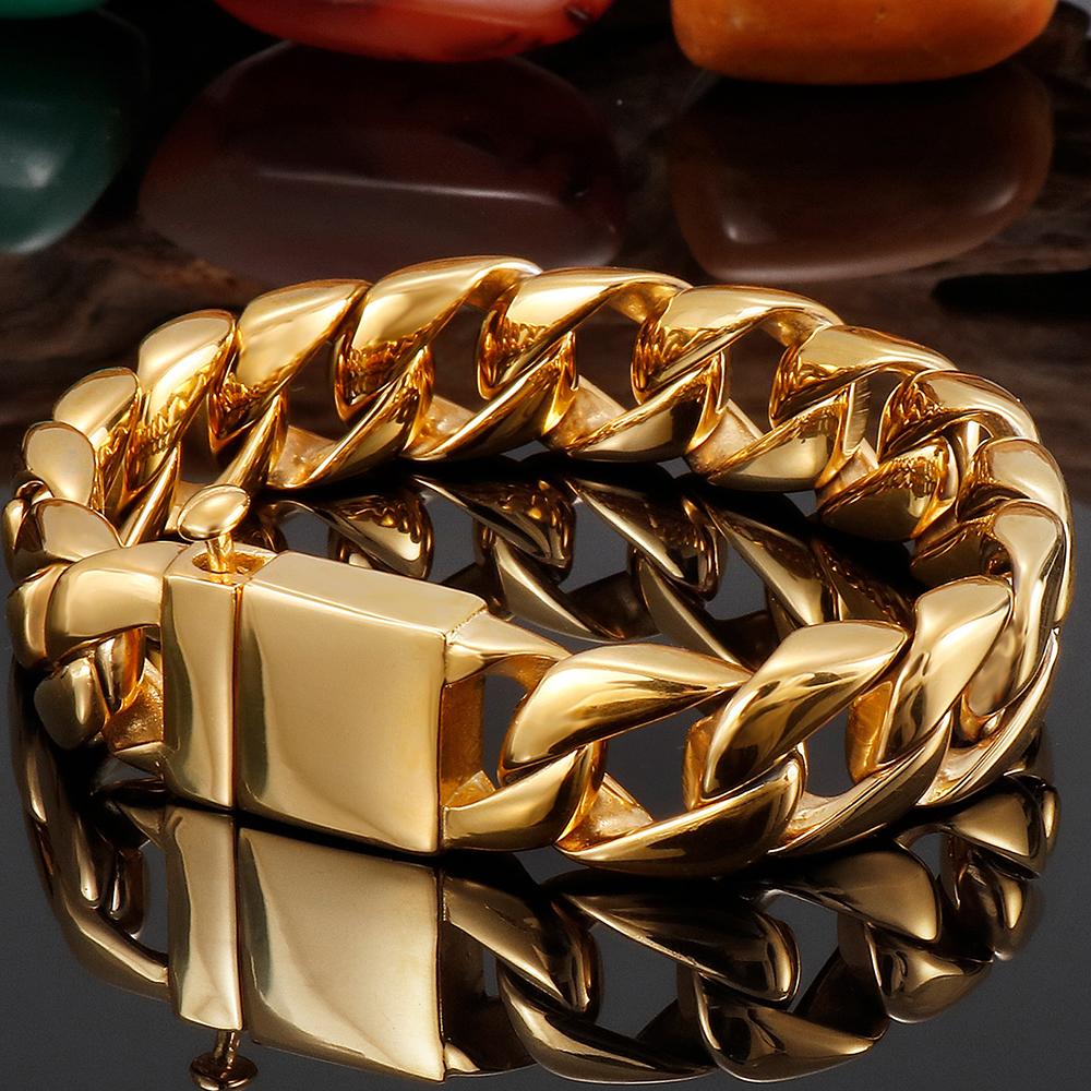 Luxus Nie Verblassende Goldfarbe Edelstahl Cuban Link Herrenarmband für Männer Hochglanzpolierte Hip Hop Kette Mode Herrenaccessoire