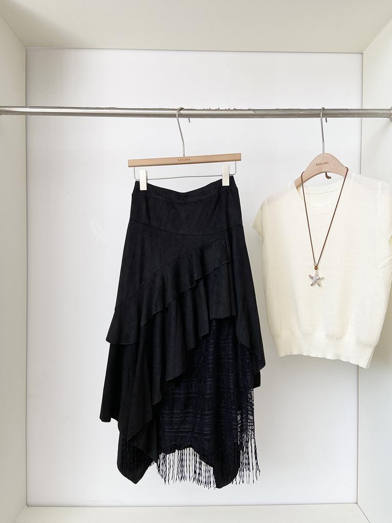 Lace splicing high waist cover slim mid-length skirt women's autumn new Korean version of versatile a-word skirt