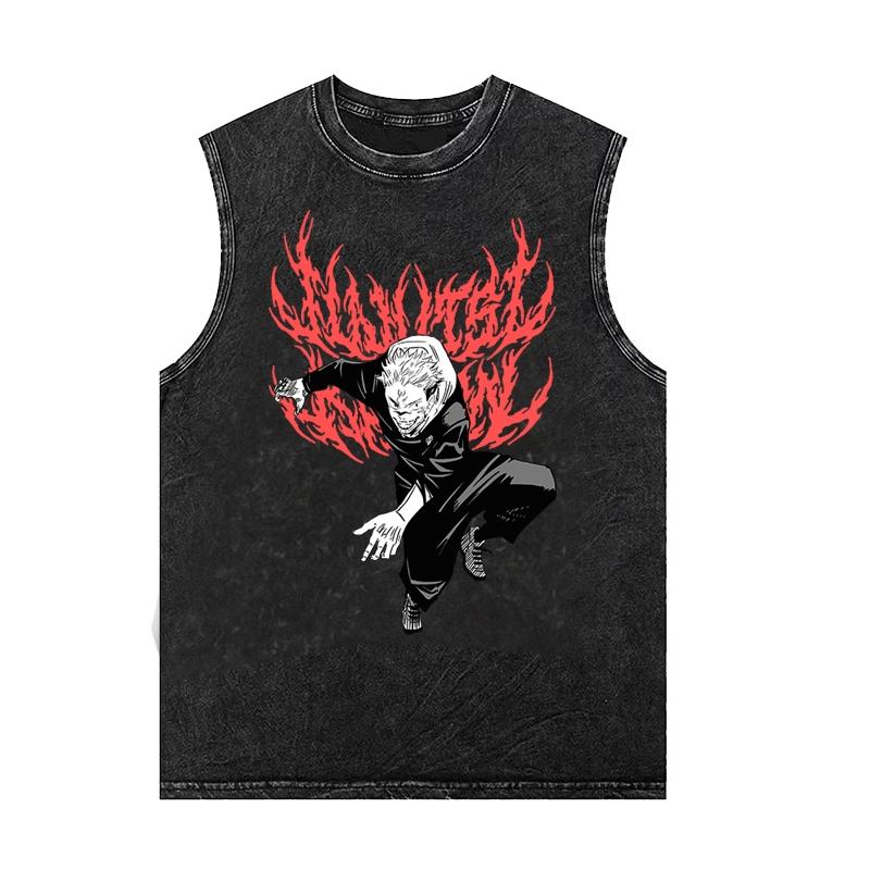 Gojo Jujutsu Anime Men's Tank Top Women's Oversized Vintage Washed Sleeveless Vest Cotton T Shirt Clothes Summer