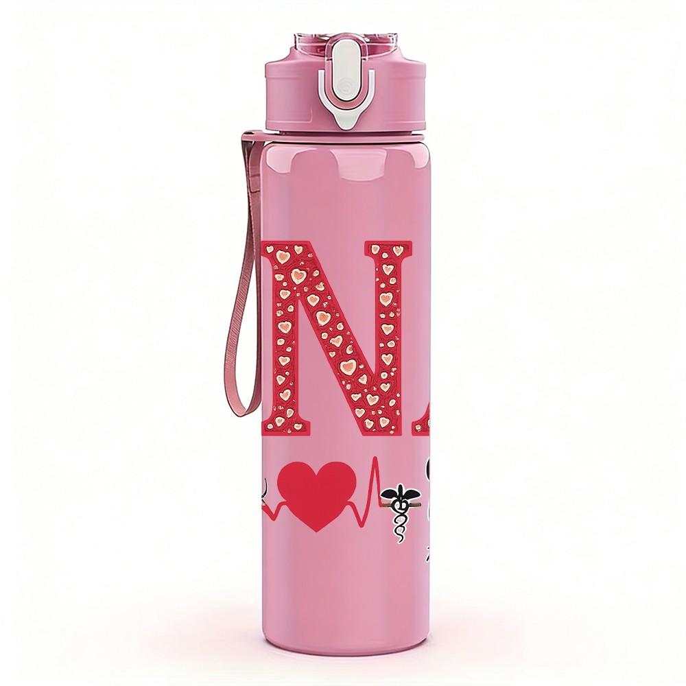 1PC CNA Heart EKG Color Letter 750ml Color Plastic Sports Water Bottle Leakproof Flip Straw Lid Suitable for Sports Office Home Use