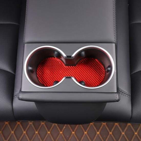 Red Carbon Fiber Rear Water Cup Holder Mat Trim Sticker for Tesla Model 3 23-24