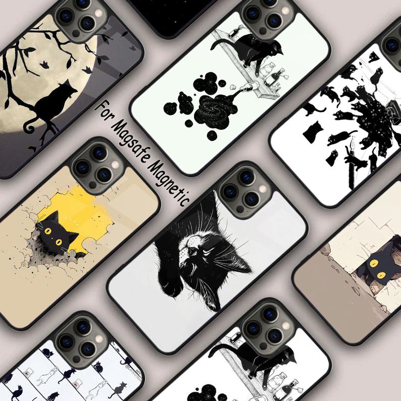 Schwarze Katzen Tinte Niedliches Haustier Hexe Kunst Magnetische Handyhülle Für APPLE iPhone 17 Air 16 14 13 12 Pro Max 15 Plus Kabellose MagSafe Abdeckung