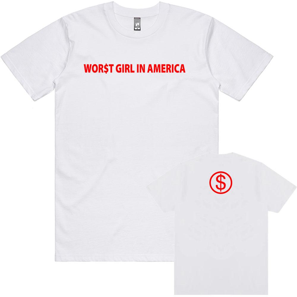 

WOR$T GIRL IN AMERICA T-shirt Slayyyter Singer Design Graphic Tshirts Unisex Streetwear Short Sleeve Cotton Mens Tee Print Merch summer Tops XS белый