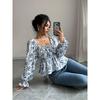 Square-Neck Puffed Sleep Top Fashion Square Collar Puff Sleeve Floral Long Sleeves Open Back