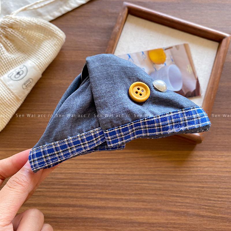 Серо-сине-серый клетчатый треугольный зажим-краб, женский затылок, заколка-краб акула, большой головной убор.