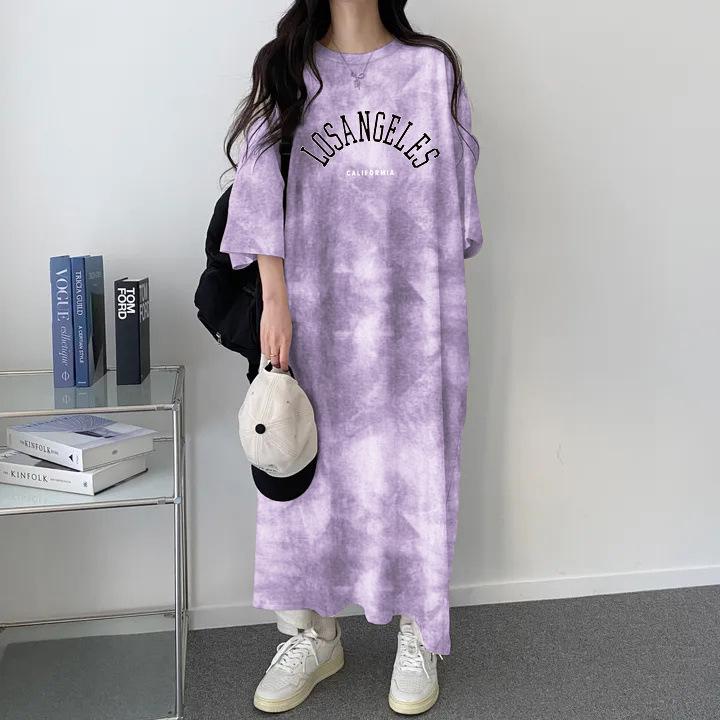Plus Size Tie-Dye Mid-Length Casual Short-Sleeve Dress - Japanese Korean Style Summer Women's T-Shirt Dress