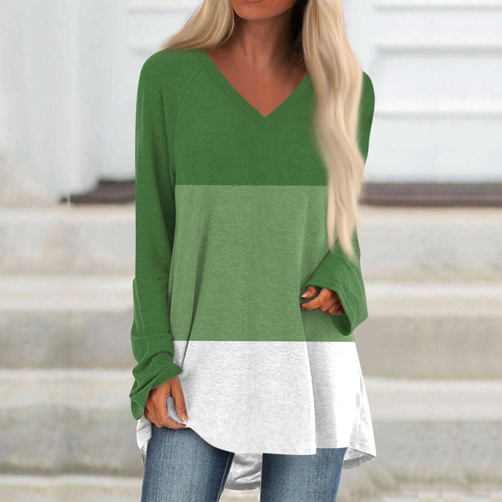 

Женская и зимняя футболка с длинными рукавами и V-образным вырезом в стиле колор-блок, повседневная, длинная, свободная XXXL зелёный