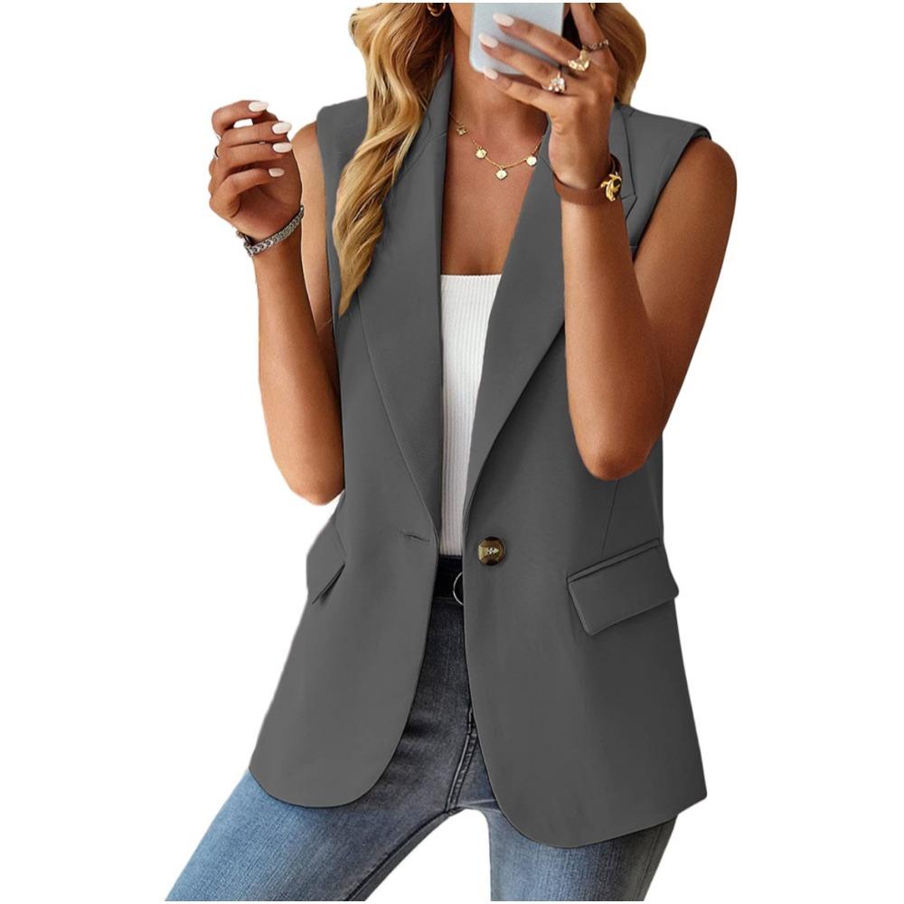 Damen Blazer Ärmellos mit Revers Kragen Schmale Passform Elegant Polyester Weste Ein Knopf Einfarbig Büro Oberteil