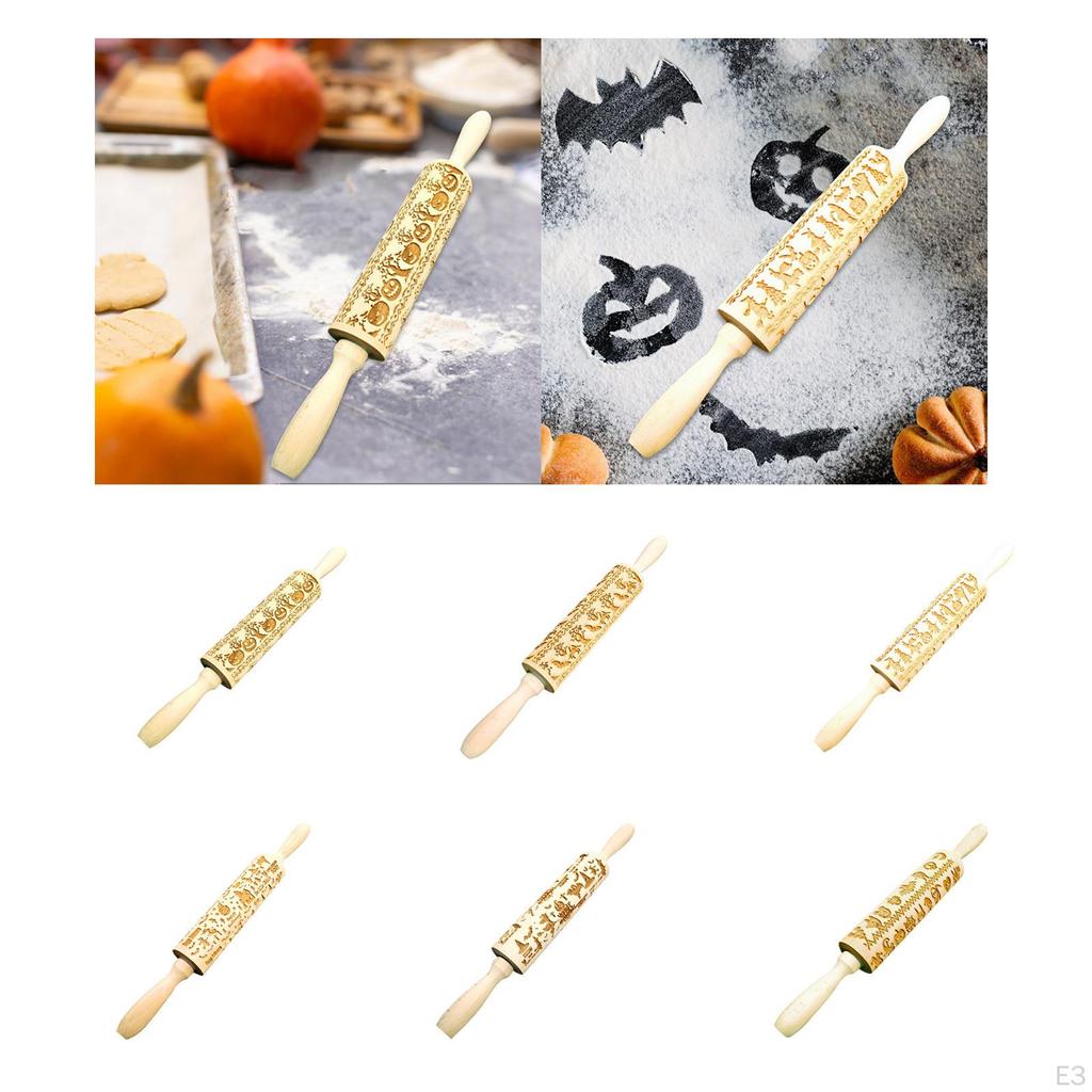 Tłoczony wałek drewniany do ciasteczek drobno teksturowany o tematyce świątecznej Halloween