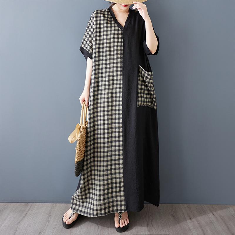 DIMANAF 2025 Plus Size Summer Women Long Dress Oversized Vintage Basic Plaid V-Neck Casual Loose Dress