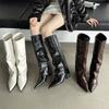 IPPEUM Brown Knee High Cowboy Boots For Women Chunky Heel Shoes 2024 New Women Pipe Boots