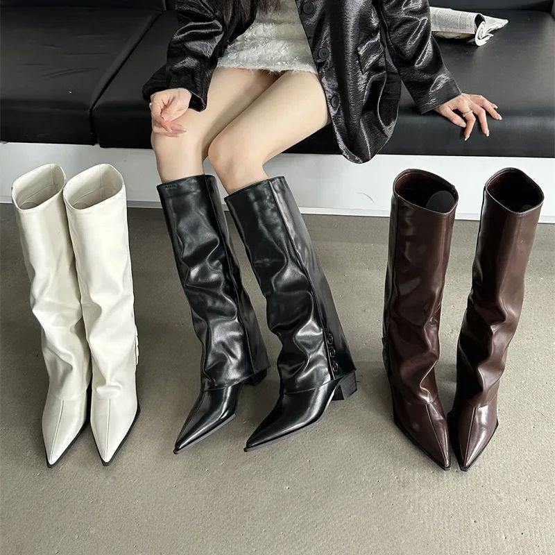 IPPEUM Brown Knee High Cowboy Boots For Women Chunky Heel Shoes 2024 New Women Pipe Boots
