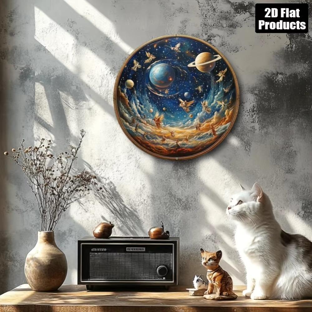 Angel Starry Night Metal Wall Art 8x8 Inch Round Aluminum Panel for Home Bar Decor