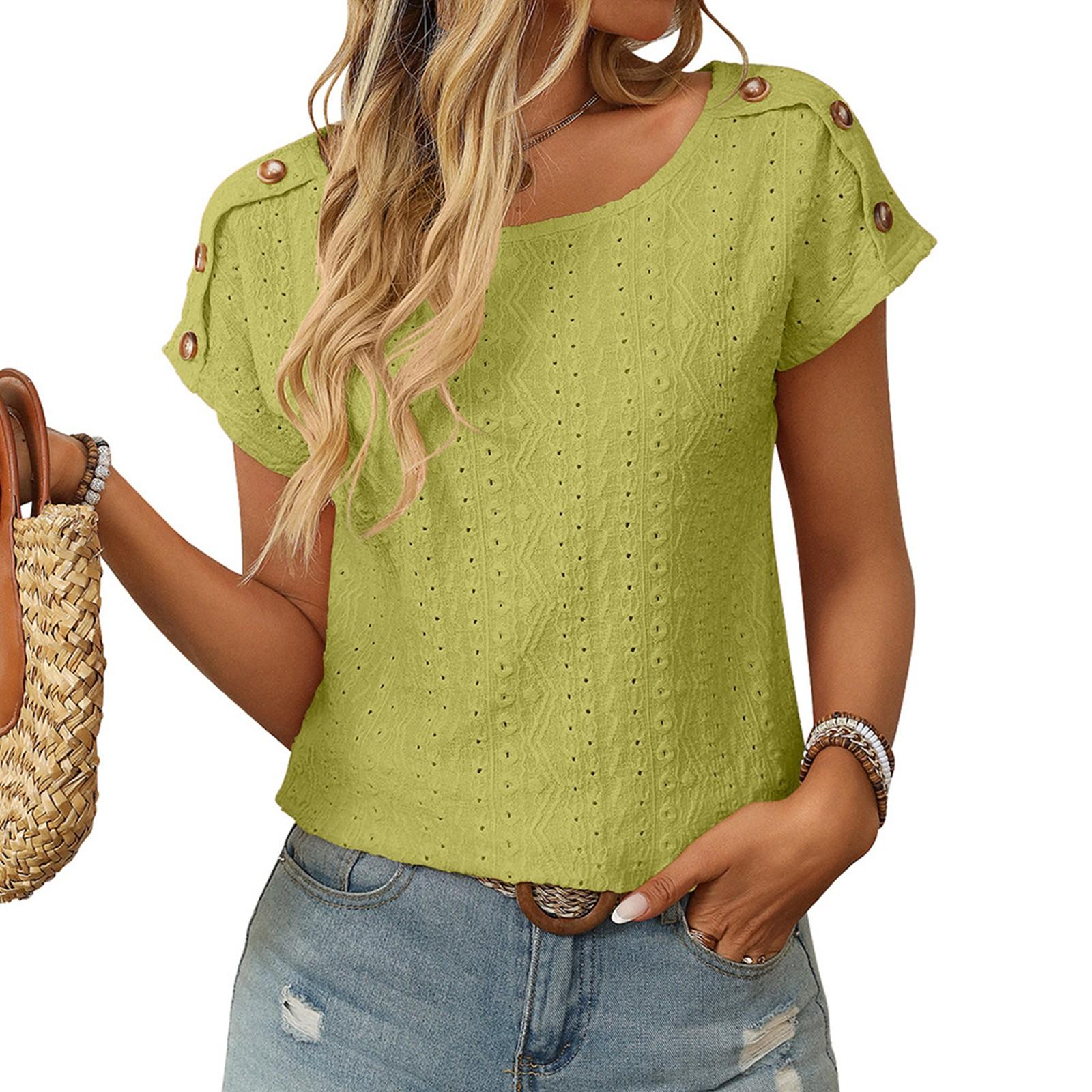 

Женская модная свободная однотонная футболка с круглым вырезом и короткими рукавами на пуговицах XL жёлтый