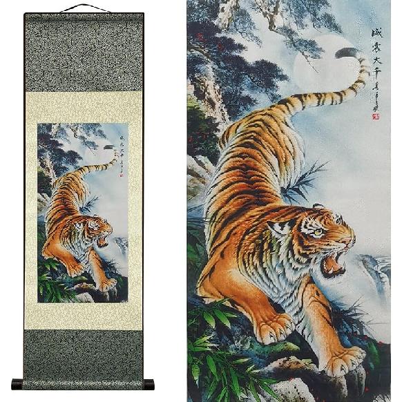 AtfArt Asian Wall Decor - Beautiful Silk Scroll Painting of Waterfall River Landscape - Mountain Spring Autumn Color Oriental Decor Chinese Art Wall