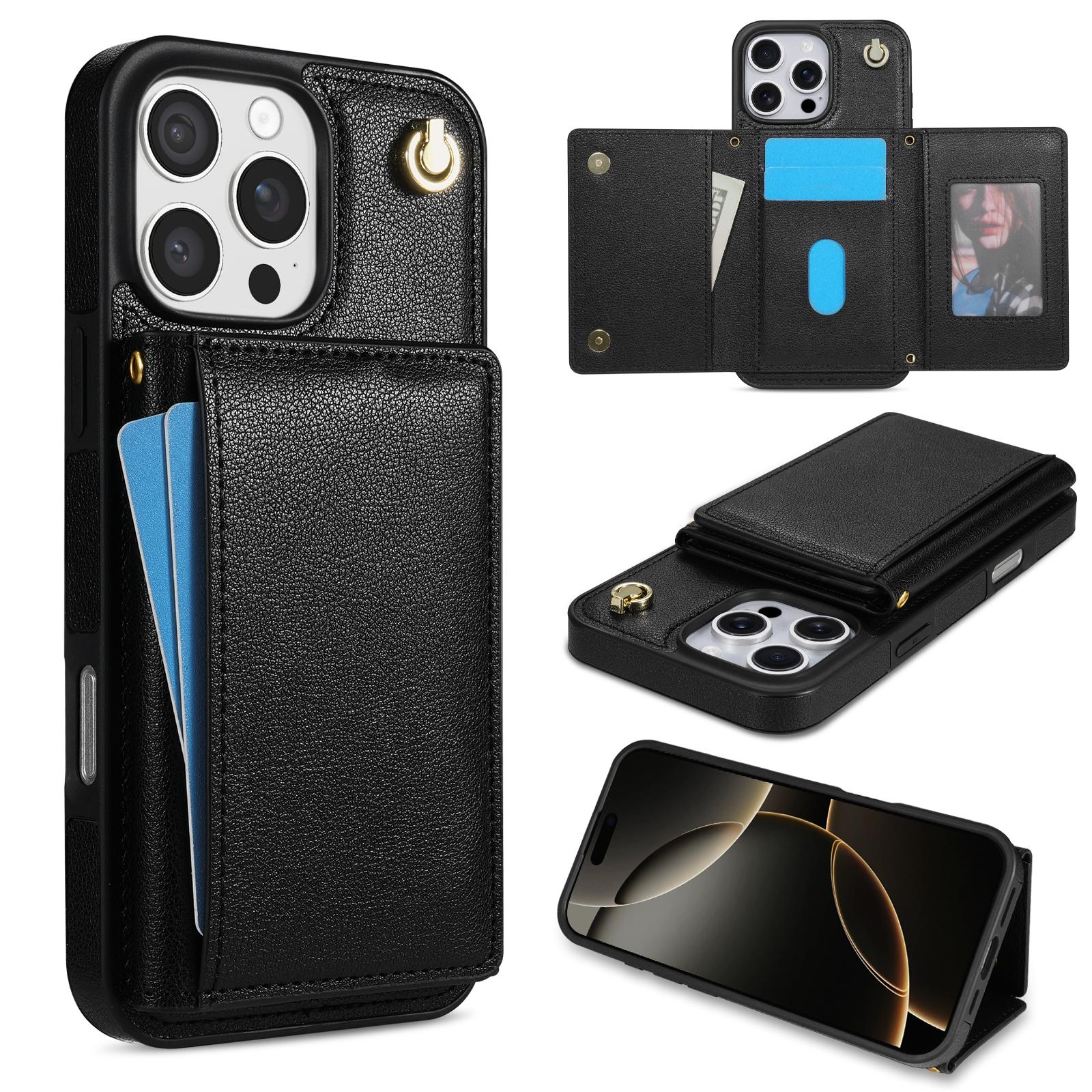 

BKS-003 For iPhone 16 Pro Case Tri-Fold Card Holder Kickstand TPU+Leather Back Cover with Shoulder Strap A