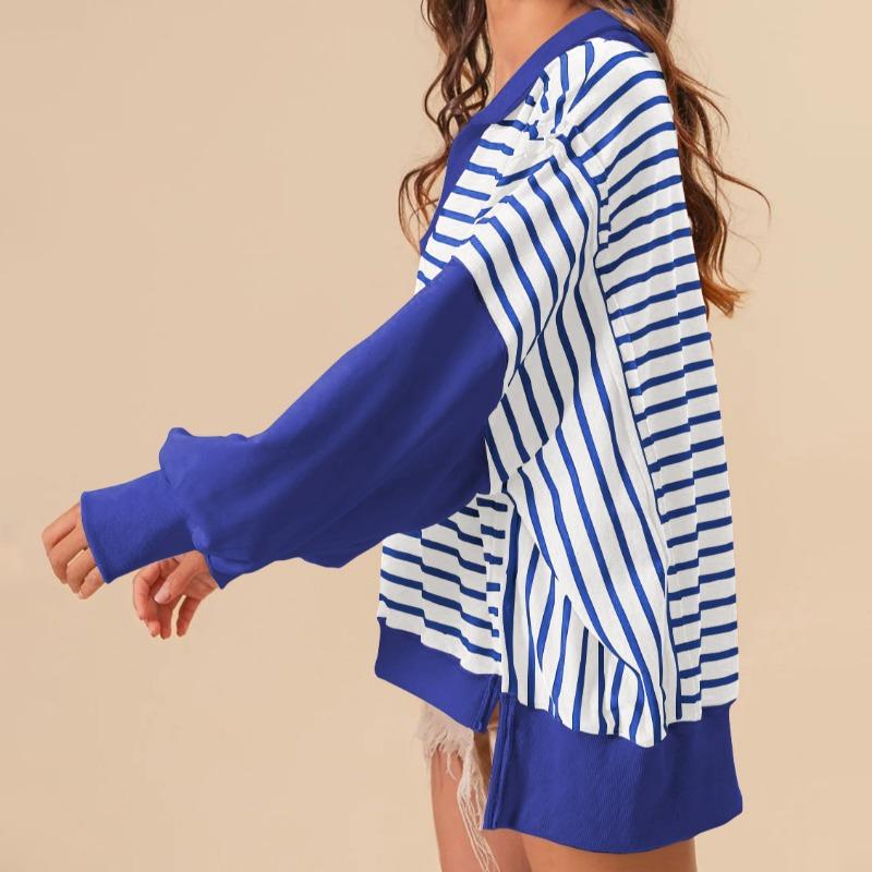 JPNTKY Dámská móda Ležérní Podzim Zima Pruhovaný potisk Dlouhý rukáv POLO Límec Trička a Topy s dlouhým rukávem