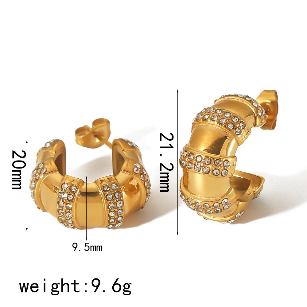 C-shaped bamboo bread with diamonds titanium steel earrings for women's light luxury high-end 18k gold stainless steel earrings