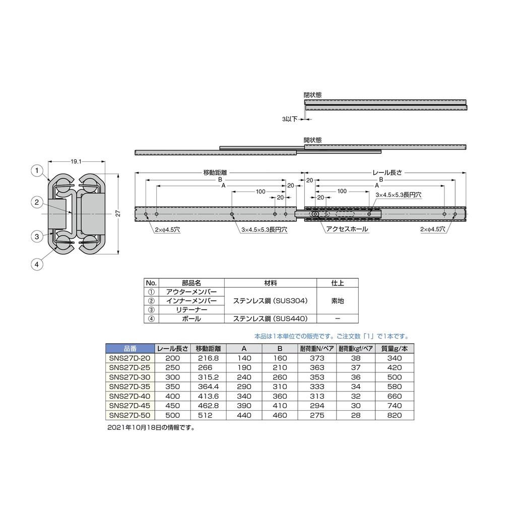 Sugatsune Industrial All Stainless Steel Slide Rail SNS27D, 1 Piece (One Side) SNS27D-35