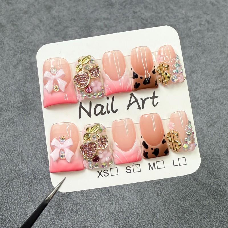 Reusable Press-On Nails With Gradient Ice-Transparent French Tips 3D Embossed Design Short Duckbill Shape Handmade Small