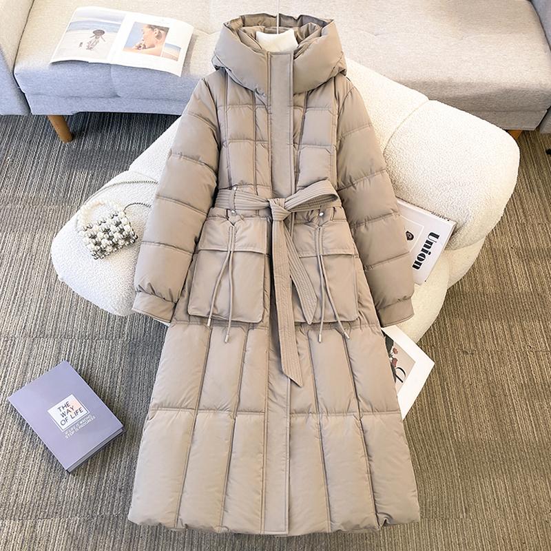 

Модная женская зимняя куртка с капюшоном, толстая теплая повседневная зимняя куртка, женские длинные парки с поясом 2XL хаки
