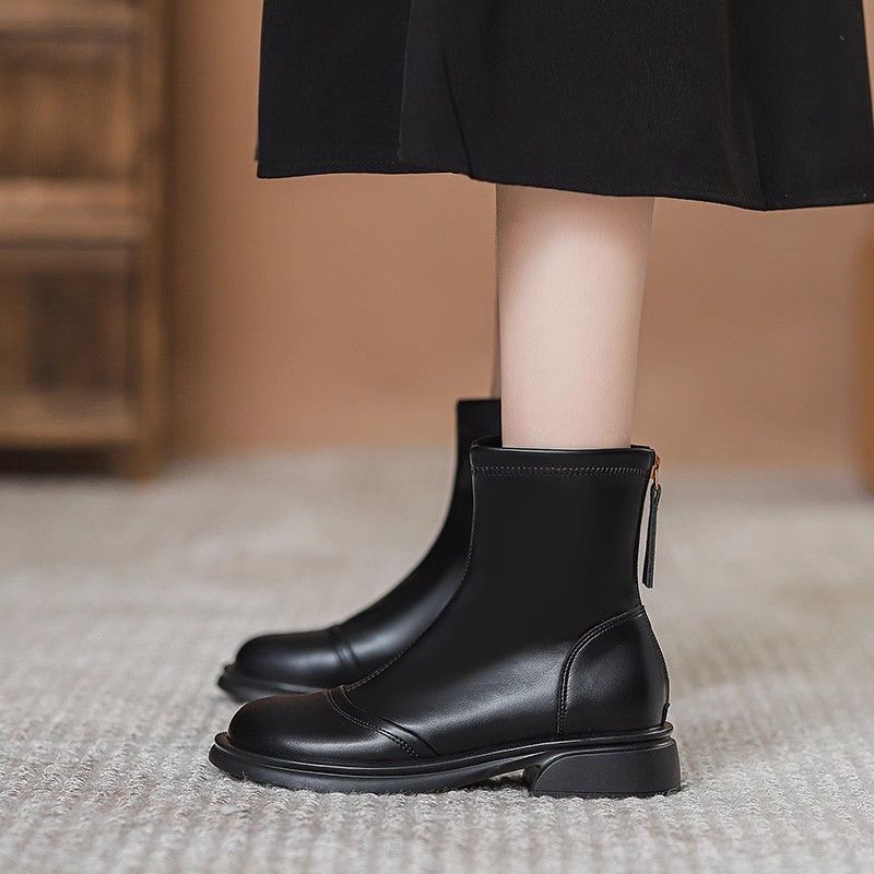 Women  Thick Sole Chelsea Boots Chunky Platform Soft Leather Elastic Ankle Boots Woman Autumn Winter Comfort Black Botas