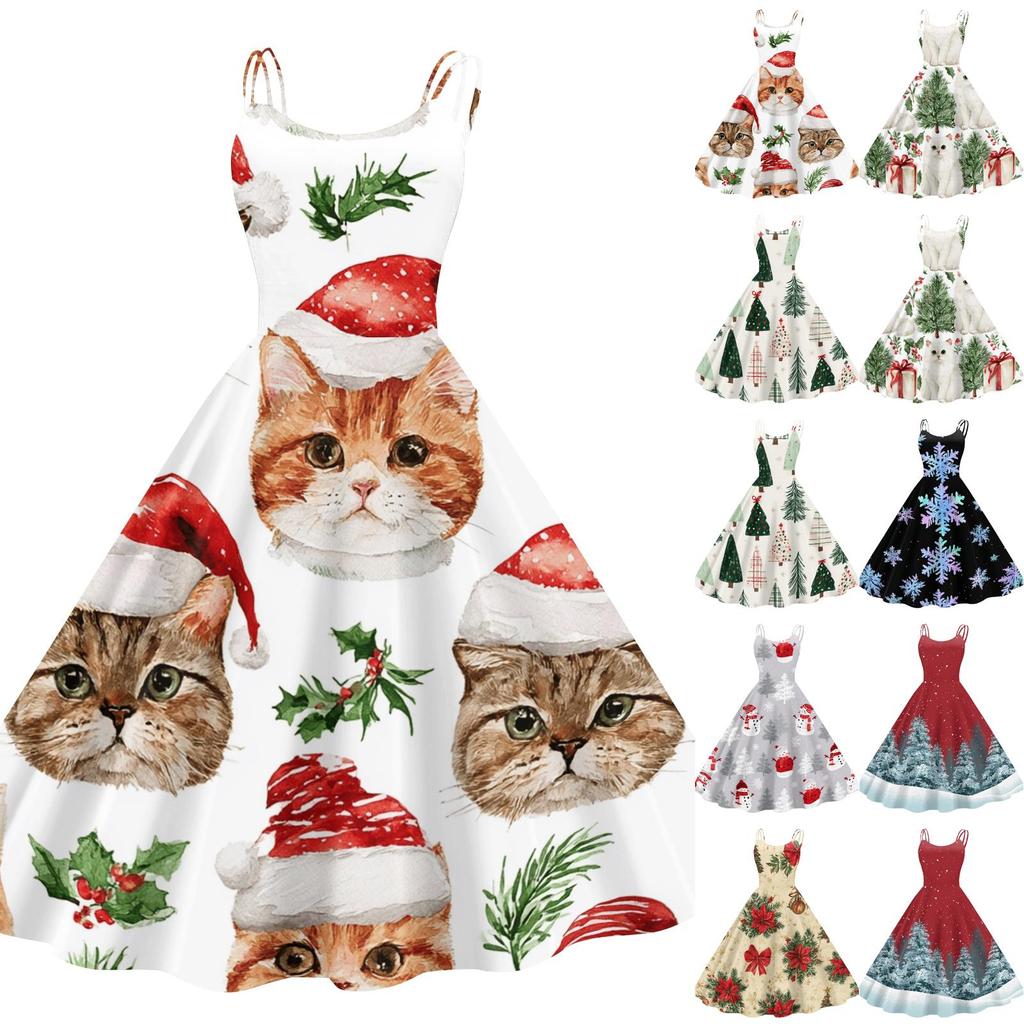 Women's Casual Christmas Print Neck Vintage Dress for Holiday Celebrations