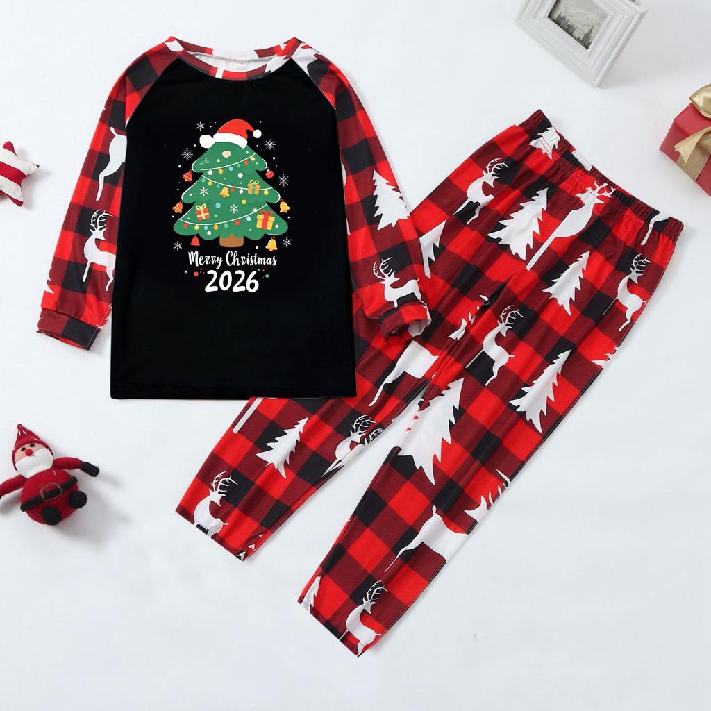 Family Matching Holiday Loungewear Set with Cute Christmas Print, Raglan Long Sleeve Top and Pants for Parents and Kids