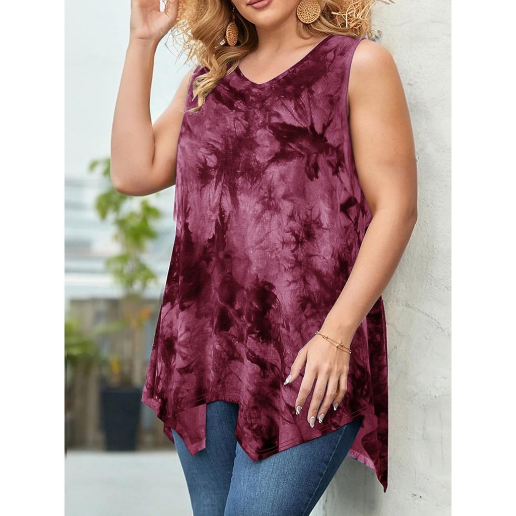 Summer Tie Dye Print V Neck Irregular Hem Sleeveless Plus Size T-shirt Top for Women