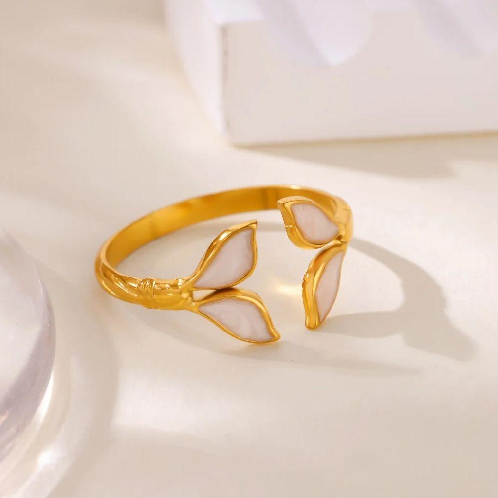 Edelstahl Grüne Blatt Wellenringe 18K Vergoldet Anti-Fading Offener Ring für Damen Hochzeits Schmuck Urlaubs Accessoires Geschenk