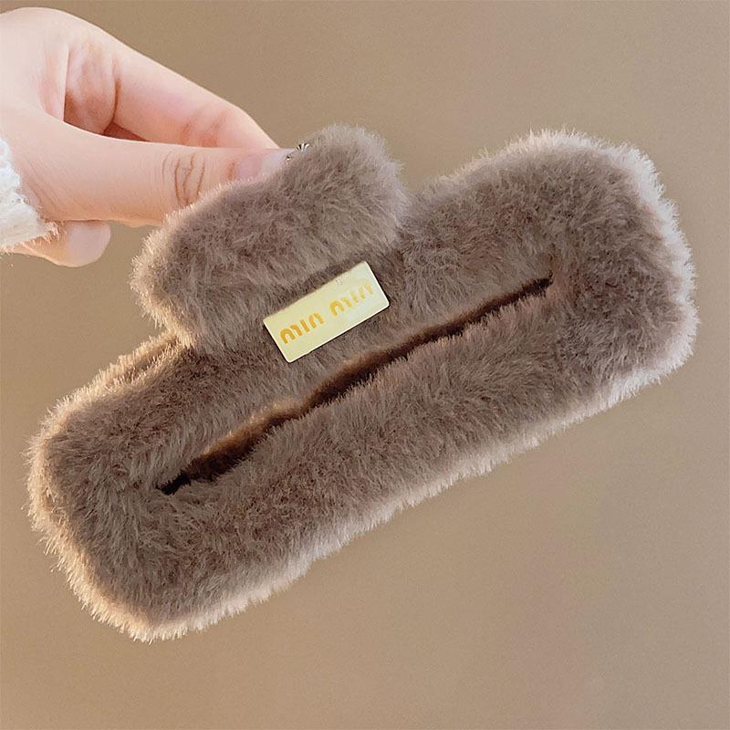Autumn Winter Elegant Large Plush Claw Clip for Women - Maillard Square Design for Thick Hair