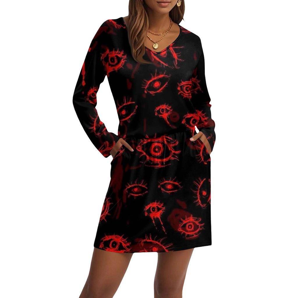 Women's Fashionable V-neck Long Sleeved Drawstring With Pocket Halloween Printed Casual Dress