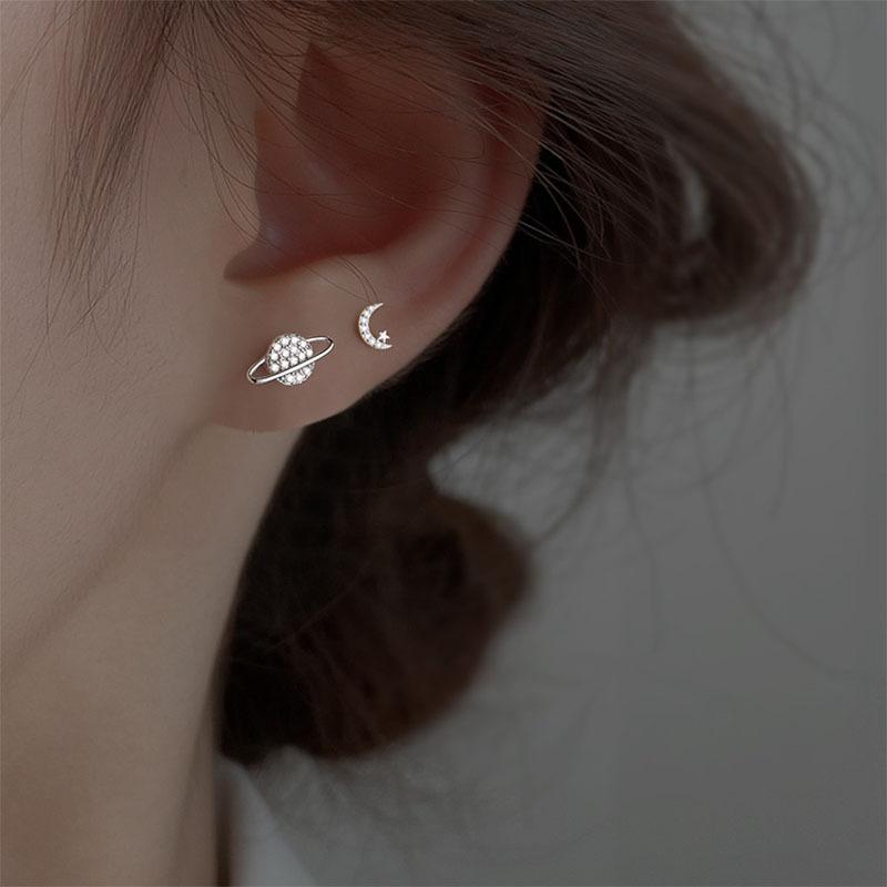 Simple Piercing Stud Earrings for Women Star Moon Zircon Silver Color Needles Tragus Cartilage Asymmetry Pendiente Fine Jewelry