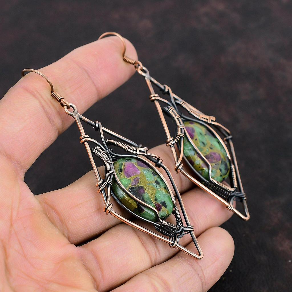 Copper Ruby Zoisite Earring Copper Wire Wrapped Earrings Natural Gemstone Earring Copper Jewelry Handmade Earring Wire Jewelry Gift For Her