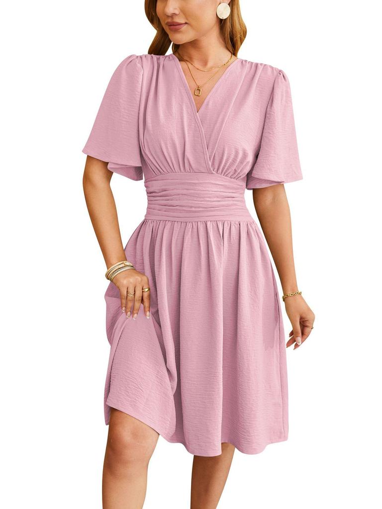 2024 Spring/Summer Women's V-Neck Waist-Cinching Flared Sleeve Dress