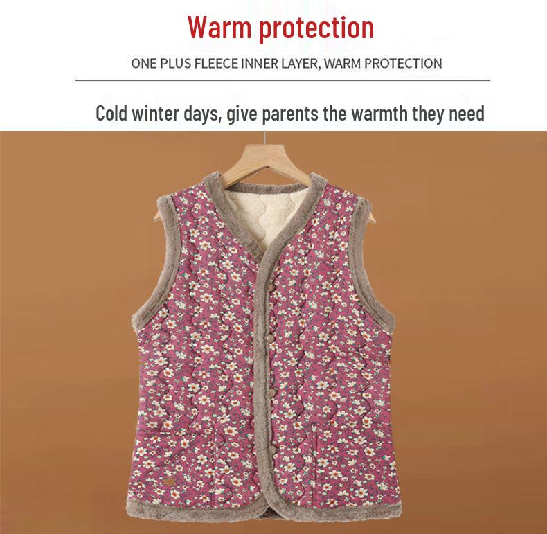 Mom's Floral Fleece-Lined Vest: Small, Cotton Sleeveless Jacket for Autumn/Winter Warmth, Princess Style