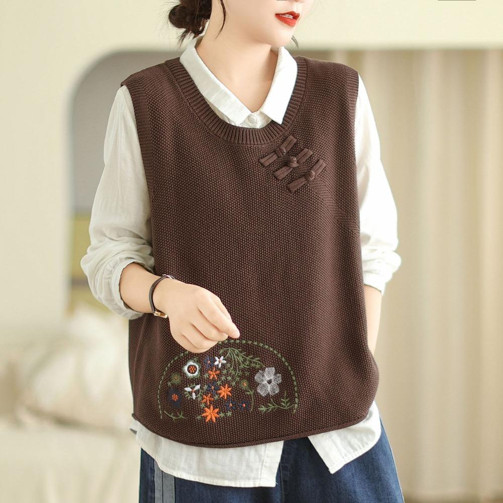 

Вязаный жилет с цветочной вышивкой и пряжкой, женский однотонный жилет, свободный весенне-осенний многослойный жилет без рукавов с круглым вырезом One Size коричневый