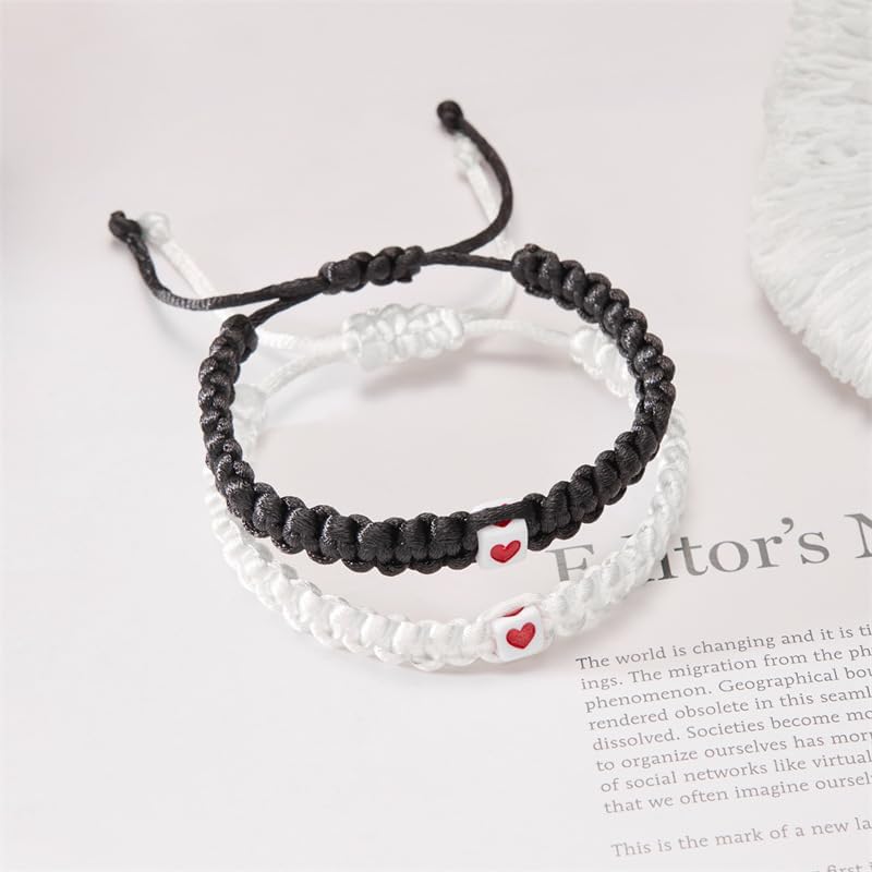 Caiyao 2Pcs Handmade Pinky Promise Heart Braided Bracelets Black White Love heart Matching Bracelets Adjustable Couples Friendships Long Distance