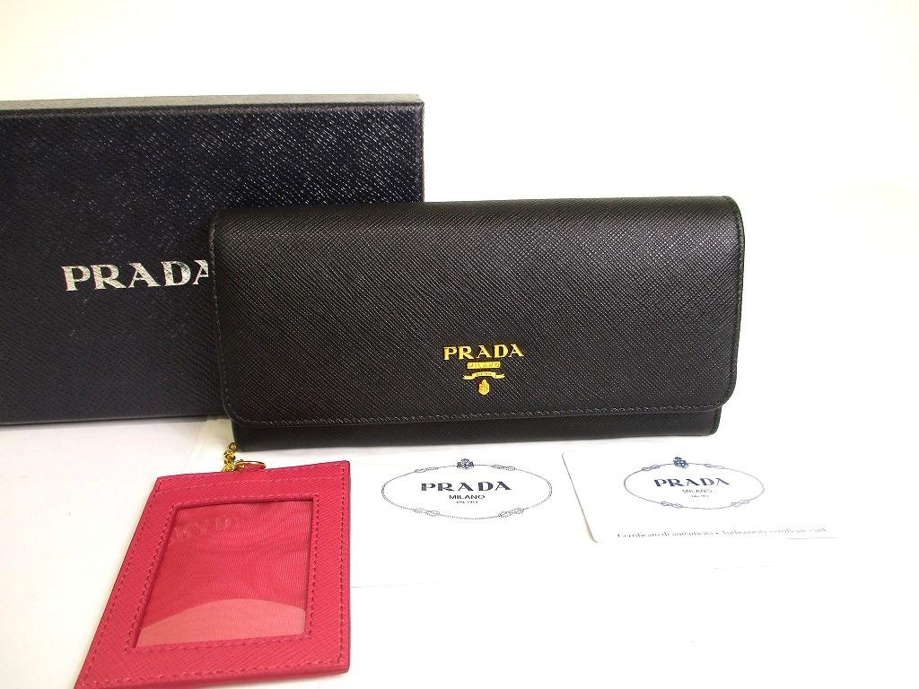 Authentic PRADA Saffiano Black Hibiscus Leather Bifold Long Flap Wallet #a886  Refurbished