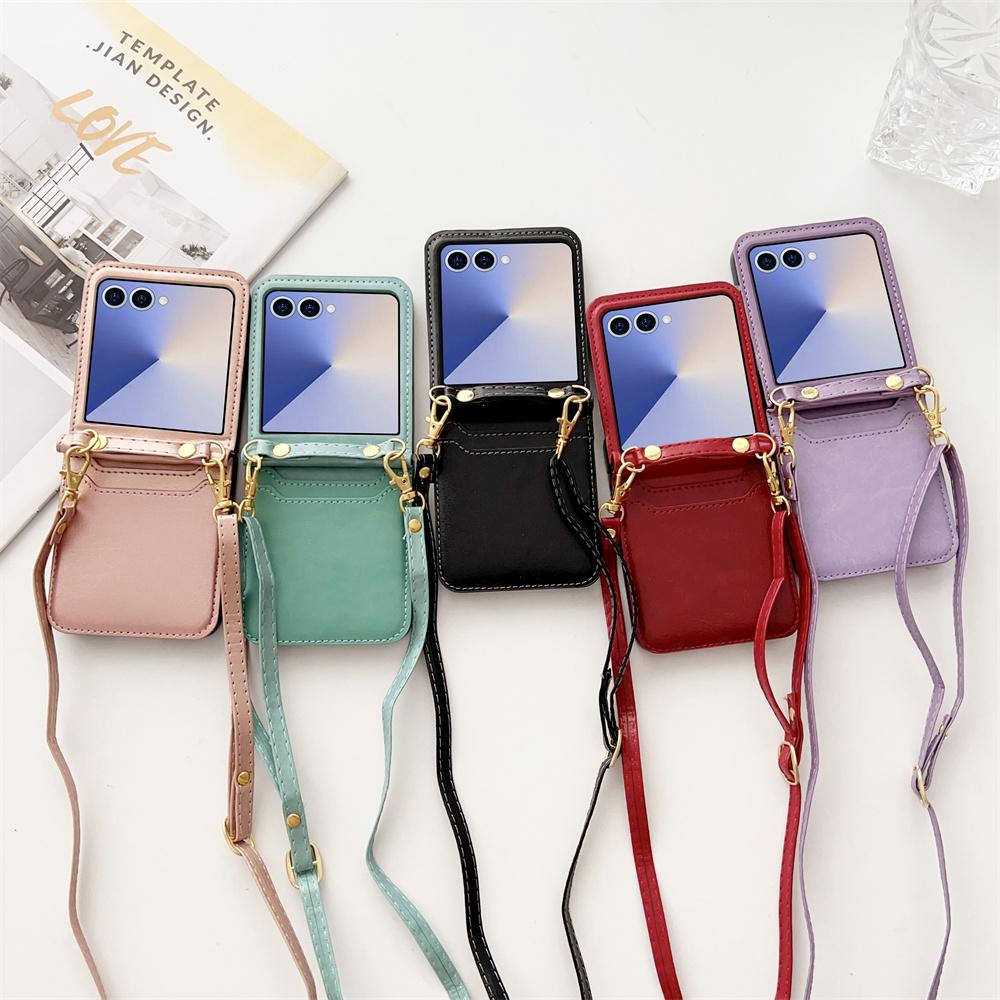 Crossbody Cards Solt Wallet Leather Phone Case for Samsung Galaxy Z Flip 7 FE 6 5 4 Flip6 Flip7 Hand Strap Lanyard Pocket Cover