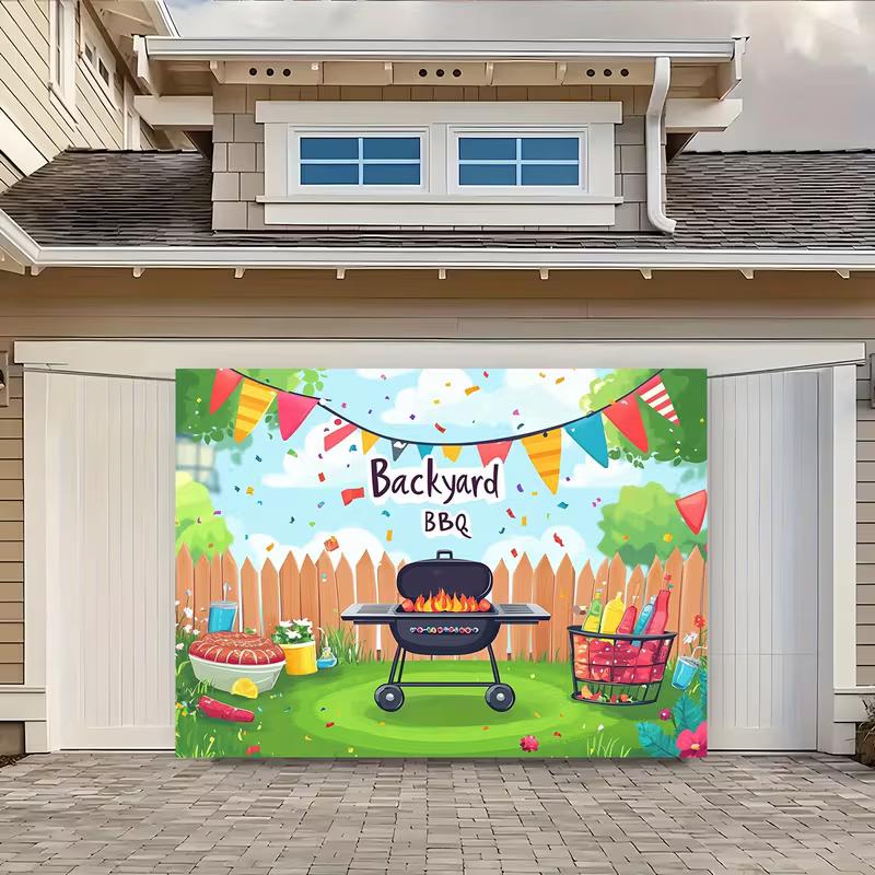 2D BBQ Party Background Cloth, Cartoon Grill and Backyard Decor