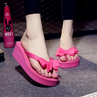 2024 Damen Flip-Flops im koreanischen Stil mit Schleife - Hoher Keilabsatz, Dicke Sohle, Zehentrenner für den Sommerstrand.