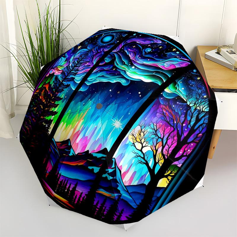 

1pc Aurora Borealis Forest Night Sky Umbrella with Plastic Handle,Vibrant Cartoon Pattern,Multi-functional UmbrellaPT107