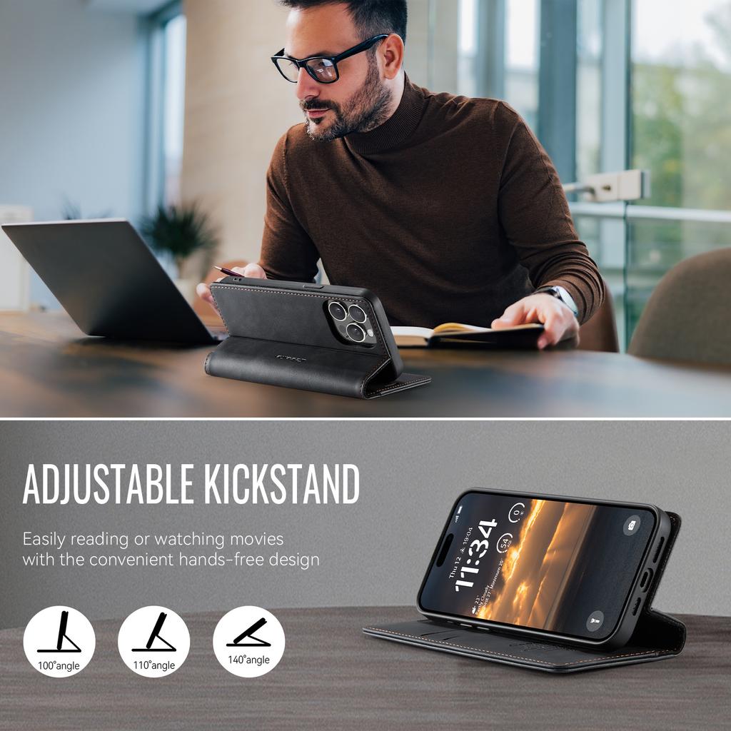 For iPhone 13 Pro Max 6.7 inch Case CASEME 033 Series RFID Blocking Wallet Stand Calf Texture Leather Phone Cover