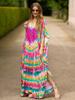 EDOLYNSA Různobarevné Kaftan Bohemian Potištěné Maxi šaty Batwing Sleeve Sleeve Sleeve Women Dámské plážové oblečení Polorukáv Maxi šaty Robe Q1342