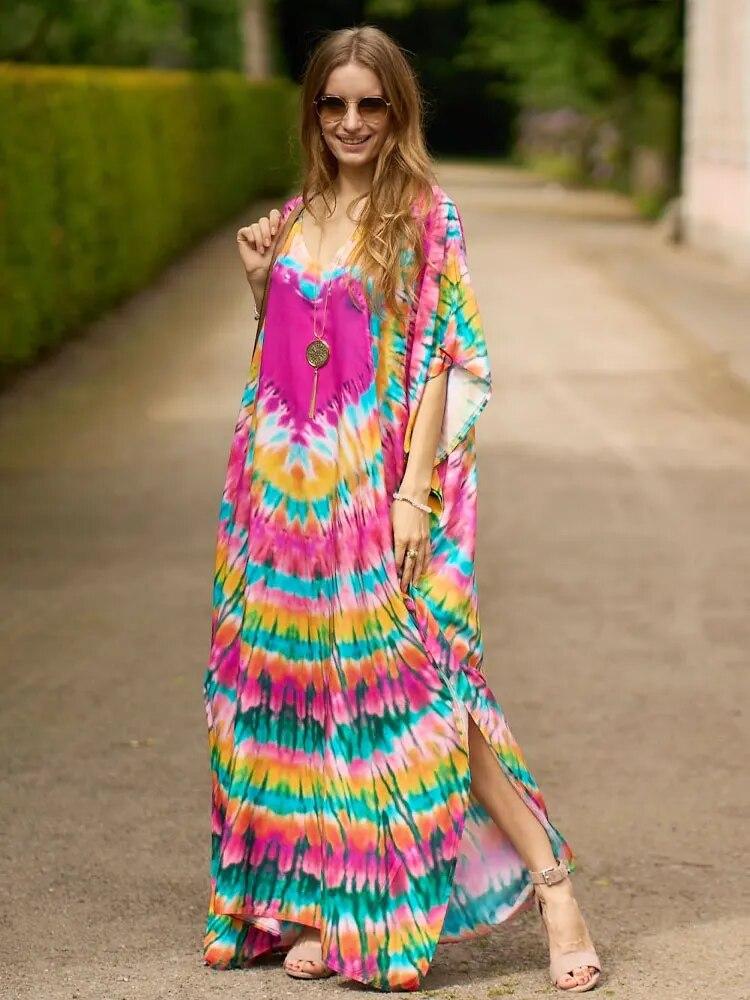 EDOLYNSA Různobarevné Kaftan Bohemian Potištěné Maxi šaty Batwing Sleeve Sleeve Sleeve Women Dámské plážové oblečení Polorukáv Maxi šaty Robe Q1342